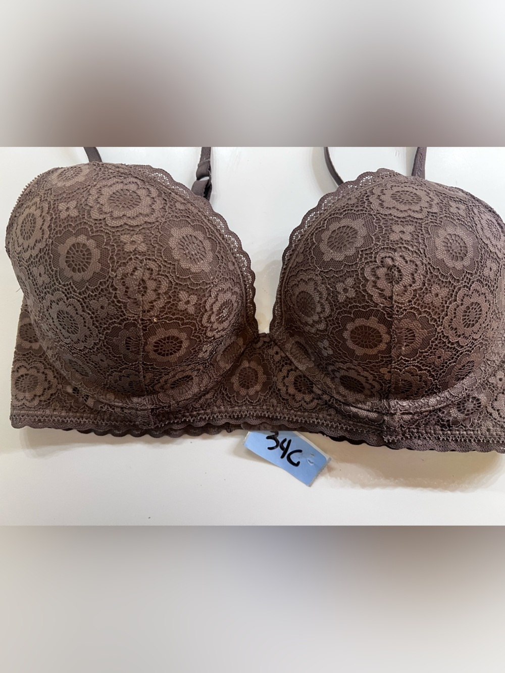 AERIE CHOCOLATE BROWN LACE PADDED UNDERWIRE BRA W/SLIGHT PLUNGE. 34C